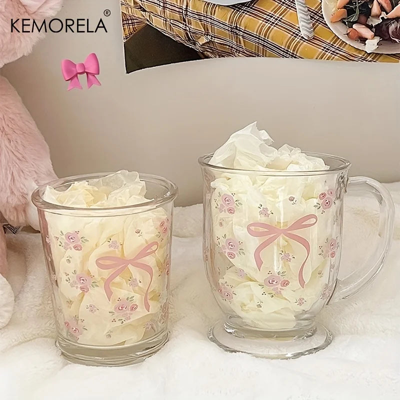 KEMORELA 450ml Floral Rose Glass Cup | U-Shaped Coffee Glass Glass Coffee Cup Axl