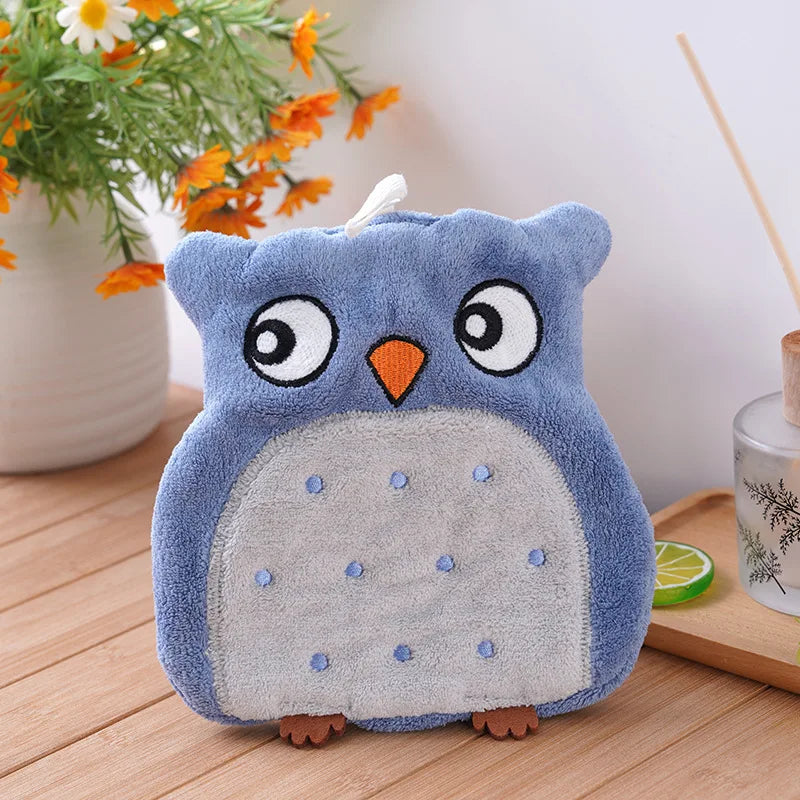 Owl Hanging Hand Towel – Ultra Soft Coral Fleece, Non-Shedding Hanging Hand Towel Axl Blue -1pc