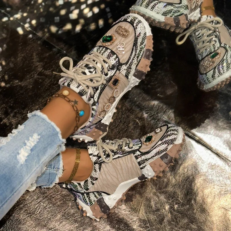 YEAE Women's Rhinestone Diamond Platform Sneakers | Luxury Casual Platform Sneakers Axl