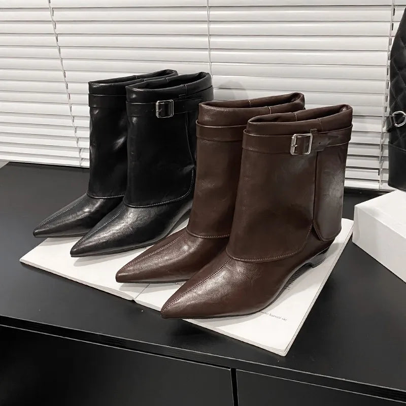 Women's Pointed Toe Block Heel Mid-Calf Boots | Metal Buckle Mid-Calf Boots Axl