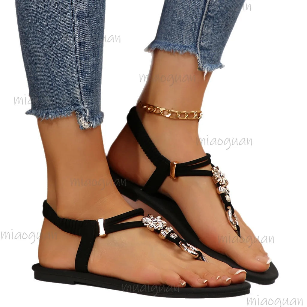 Women's Bohemian Rhinestone Flat Sandals – Beaded Beach Shoes Flat Sandals Axl
