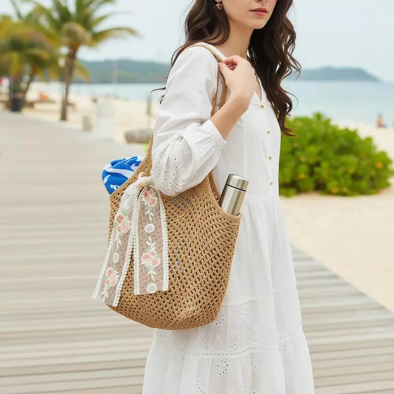 Women's Large Woven Straw Tote Bag – Handmade Beach Shoulder Bag Woven Straw Tote Bag Axl