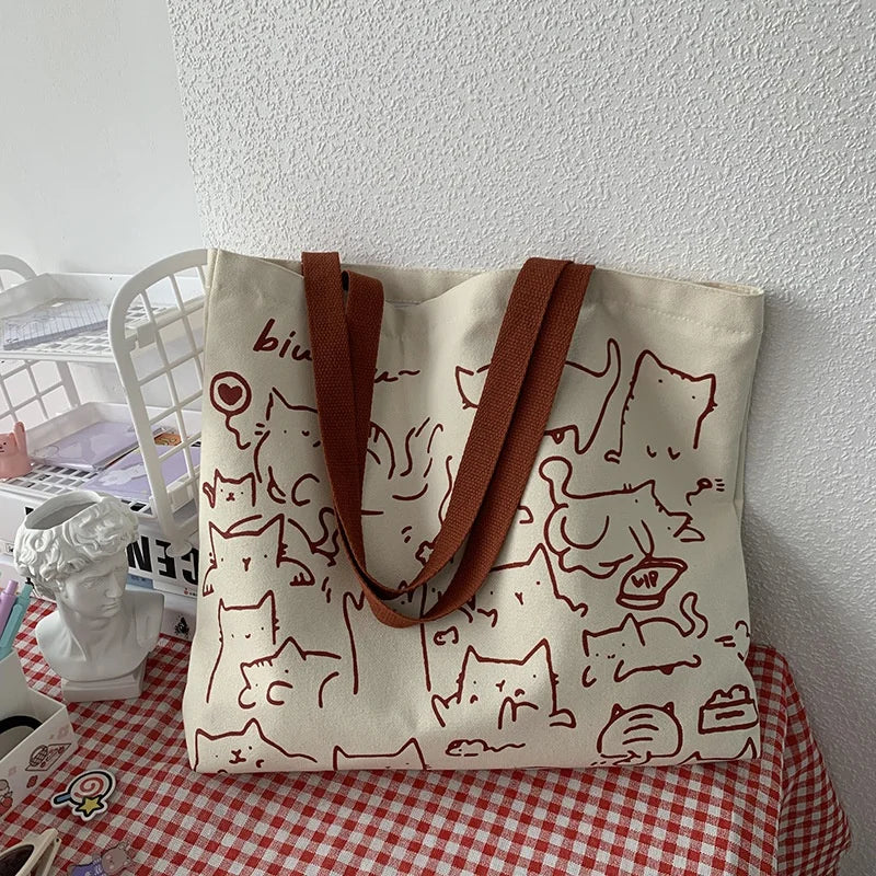 Cute Cat Canvas Tote Bag – Japanese Style Shoulder Bag Canvas Shoulder Tote Axl
