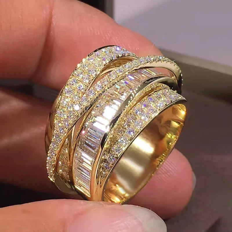 Huitan Gold CZ Pave Ring – Cubic Zirconia Engagement Jewelry Fashion Ring Axl