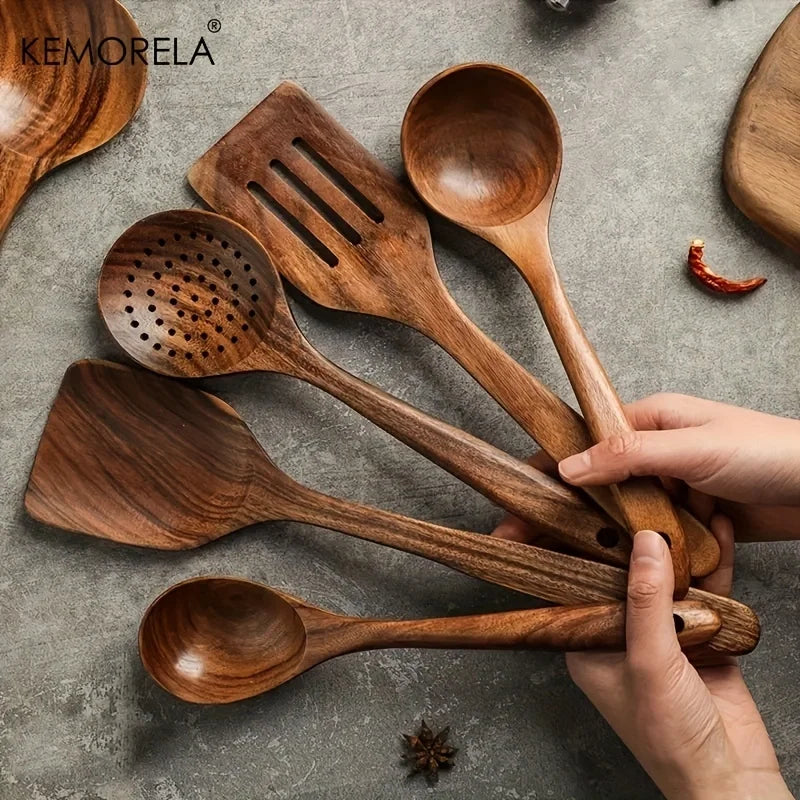 5-Piece Teak Wood Kitchen Utensil Set – Ladle, Turner & Scoop Wood Kitchen Utensil Set Axl