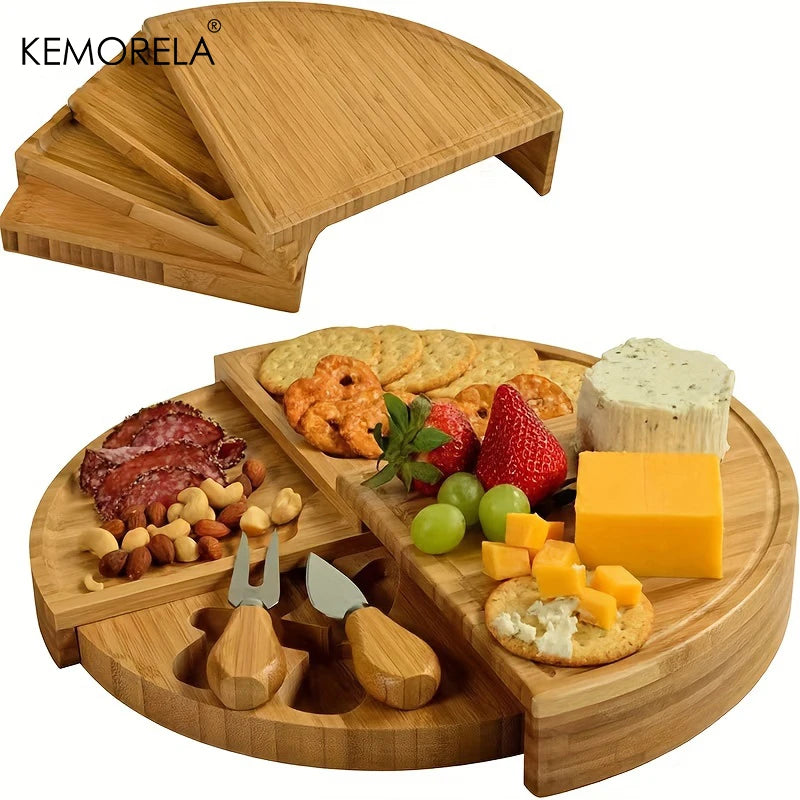 KEMORELA Wooden Cheese Board Set with Drawer & Cutlery Tools Cheese Board Set Axl Rotundity