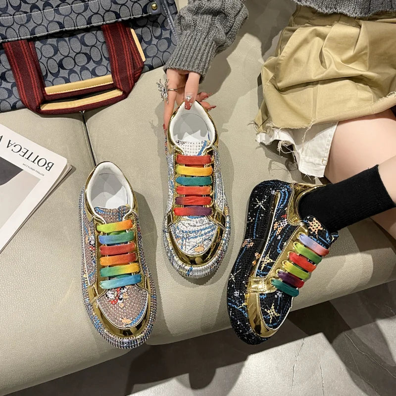 Women's Graffiti Rhinestone Thick Sole Casual Sneakers Casual Sneakers Axl