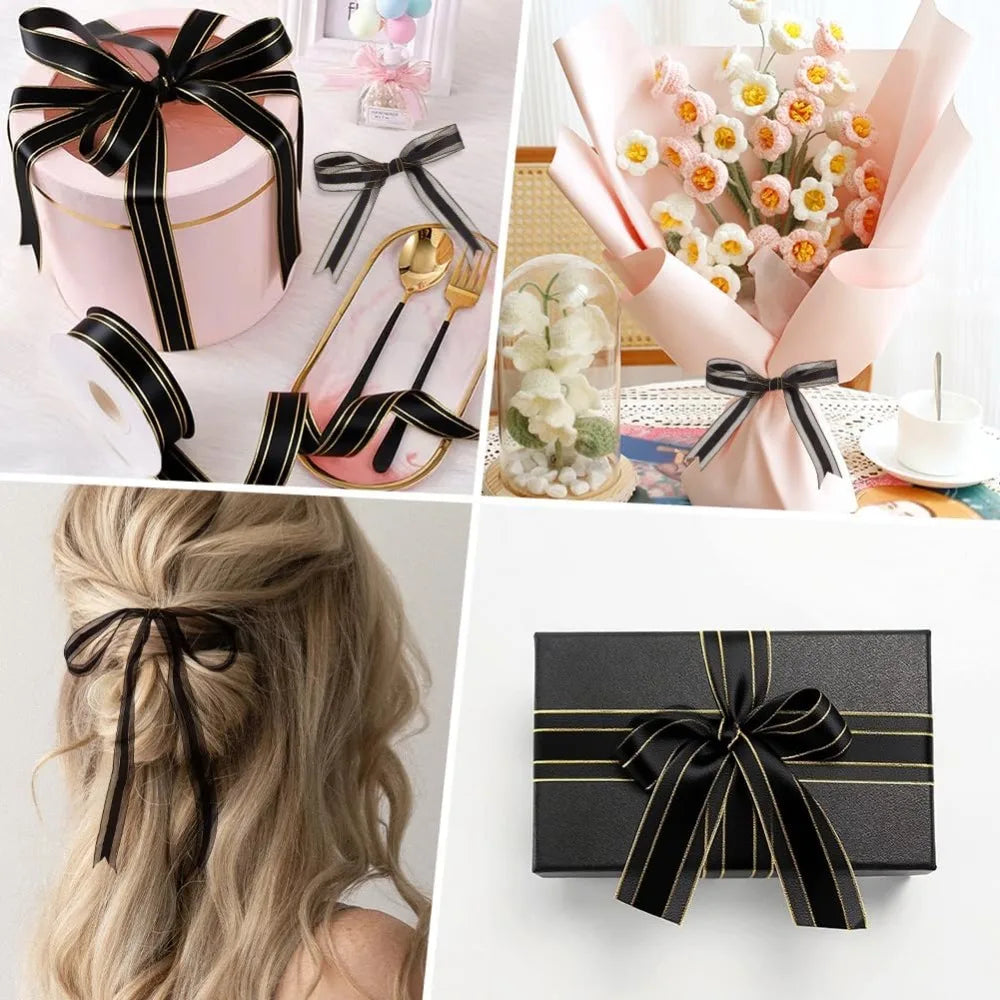 Black Gold Edge Organza Ribbon 5/8" – 50 Yards Per Roll Craft Ribbon Axl
