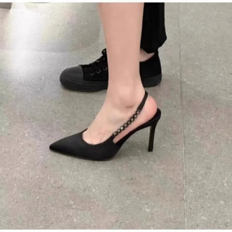 Women's Crystal Slingback Heels – Pointed Toe Metallic Pumps Slingback Heel Pumps Axl