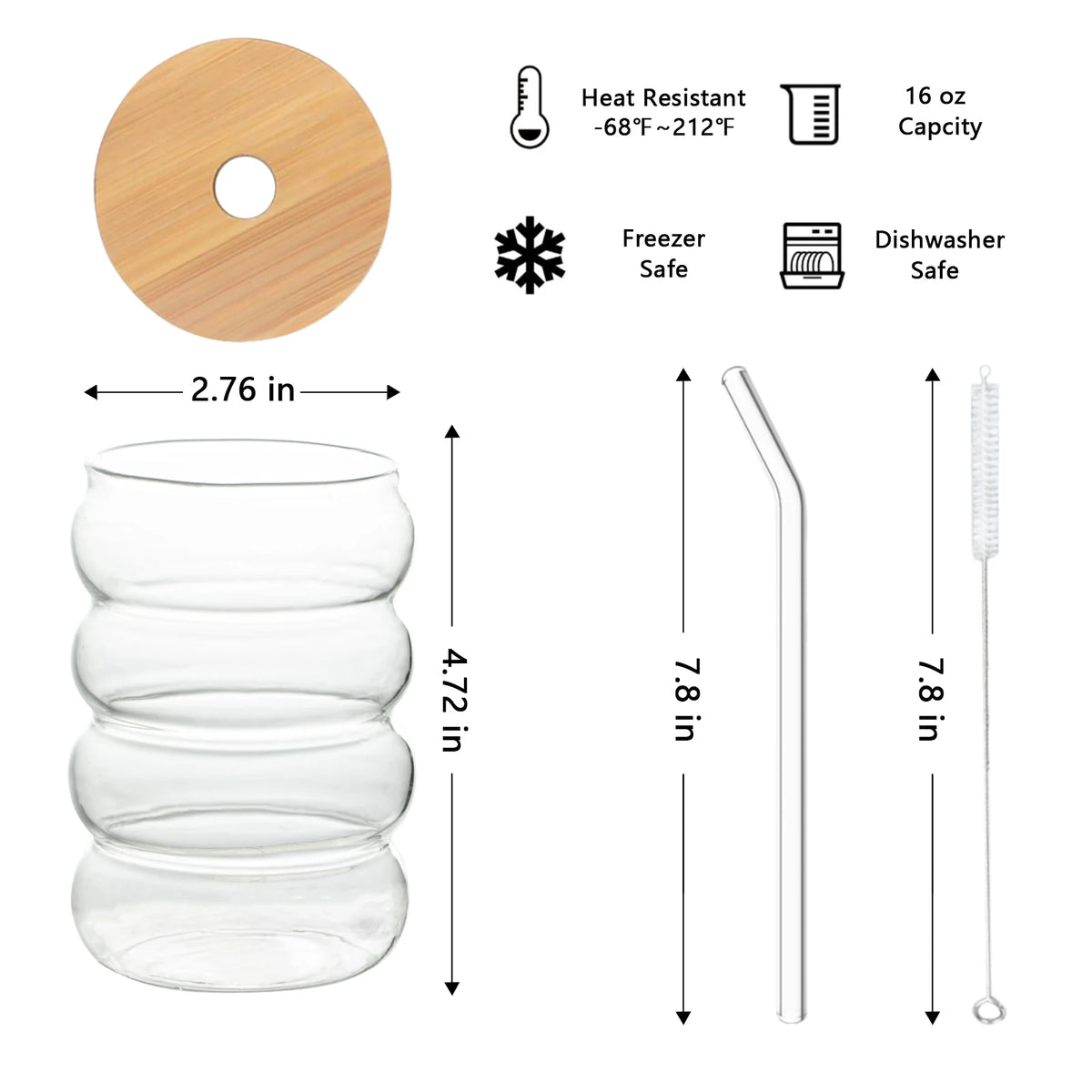 4-Pack Wave Borosilicate Glass Cups with Lid & Straw | KEMORELA Glass Drinkware Set Axl