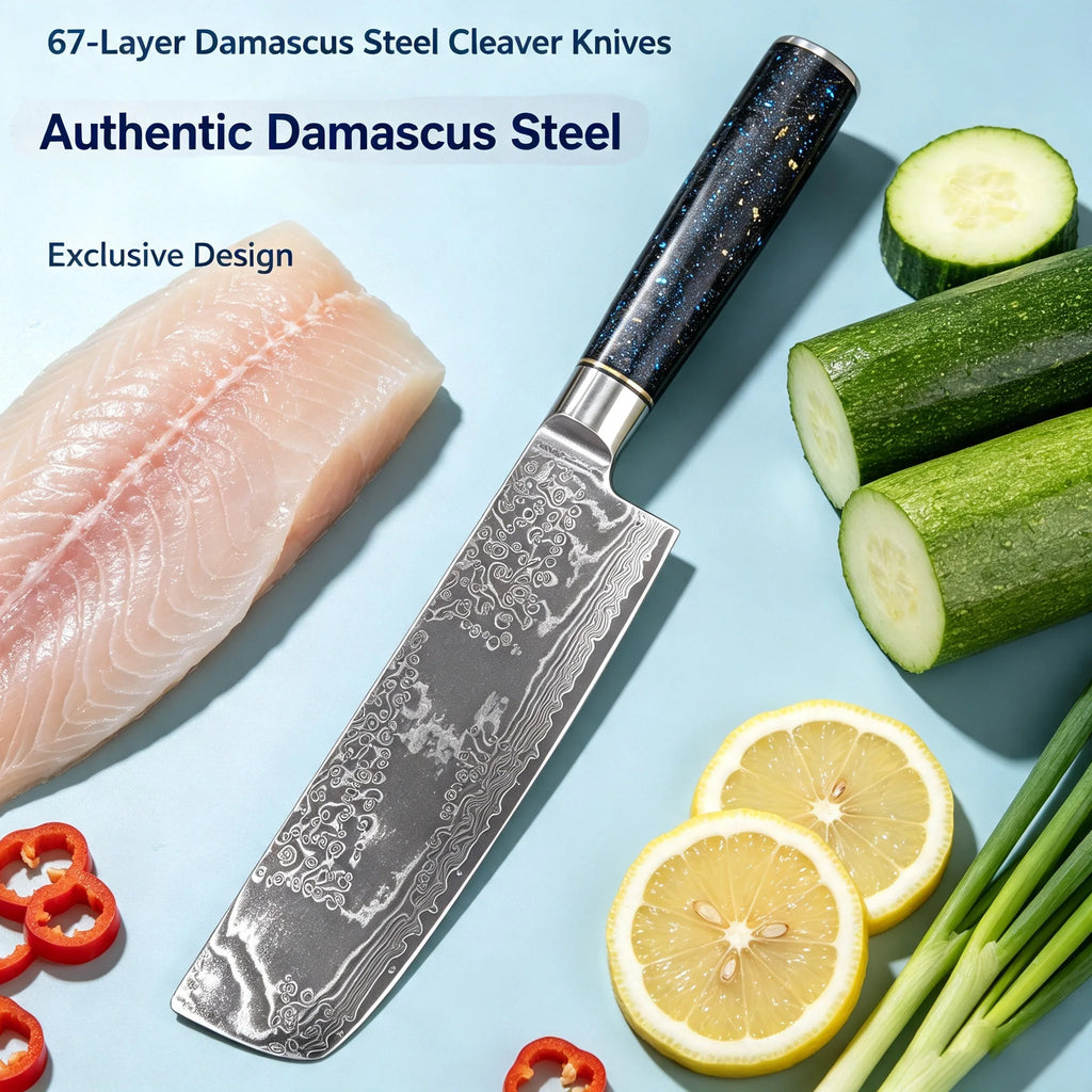 67-Layer Damascus Steel Nakiri Knife – Sharp Chef's Cleaver Damascus Kitchen Knife Axl Nakiri Knife