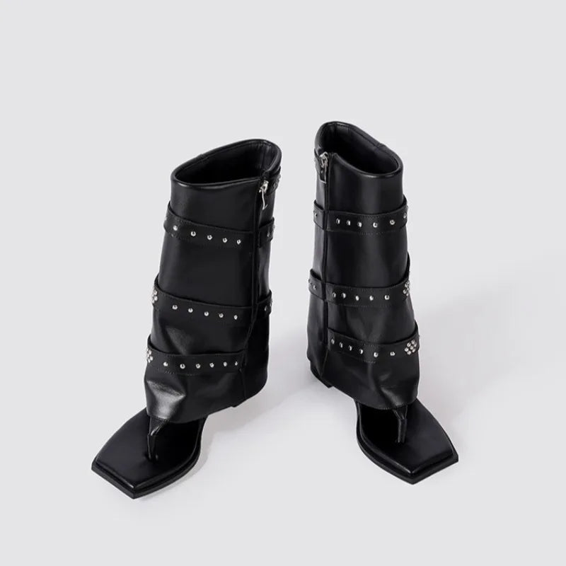 Women's Punk Mid-Calf Boots – Metal Decor Square Heel Leather Mid-Calf Boots Axl Black 37