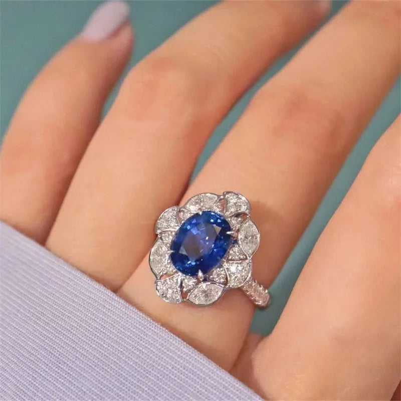Huitan Oval Blue Cubic Zirconia Ring – Women's Elegant Band Fashion Ring Axl