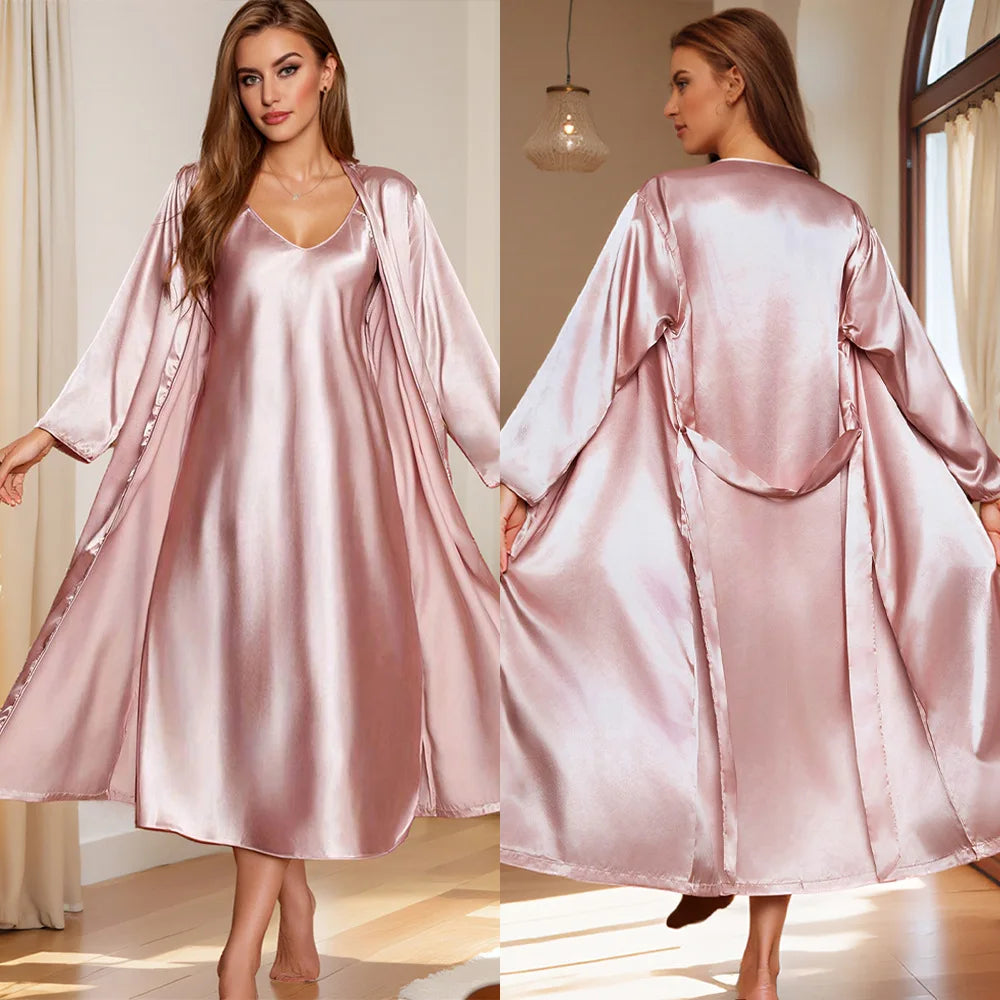 Women's 2-Piece Kimono Robe & Halter Nightgown Set Kimono Robe Set Axl pink XXL