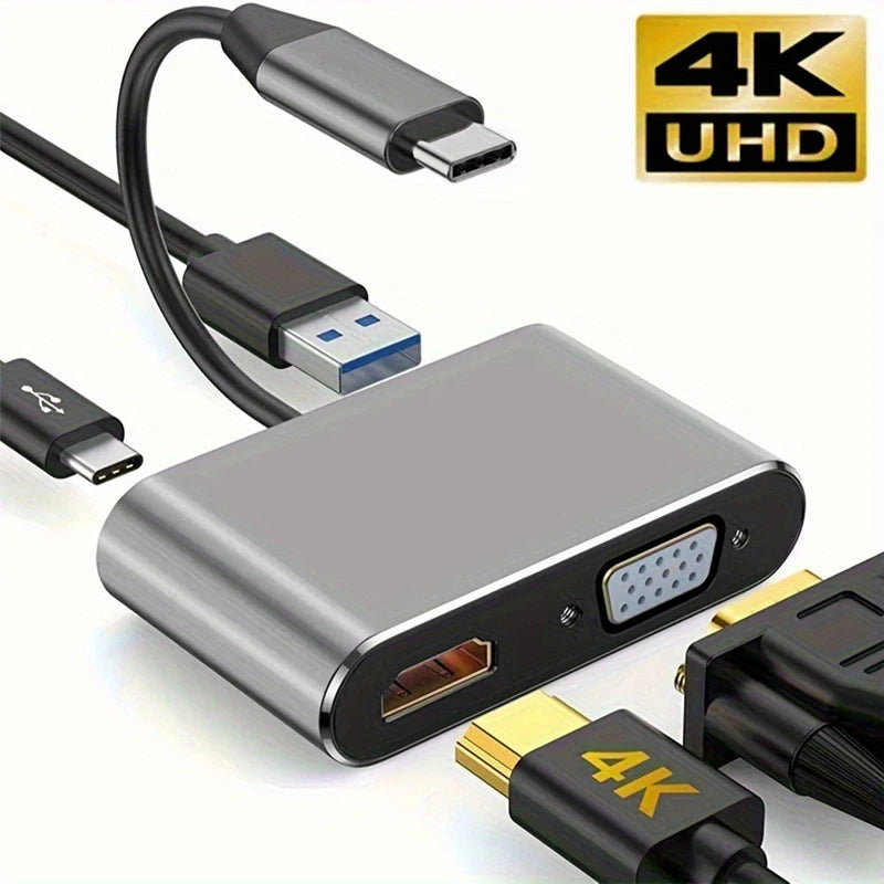 4-in-1 USB-C Hub – 4K HDMI, VGA, USB 3.0 & 100W PD Charging USB-C Hub Adapter Axl Type C 4IN1