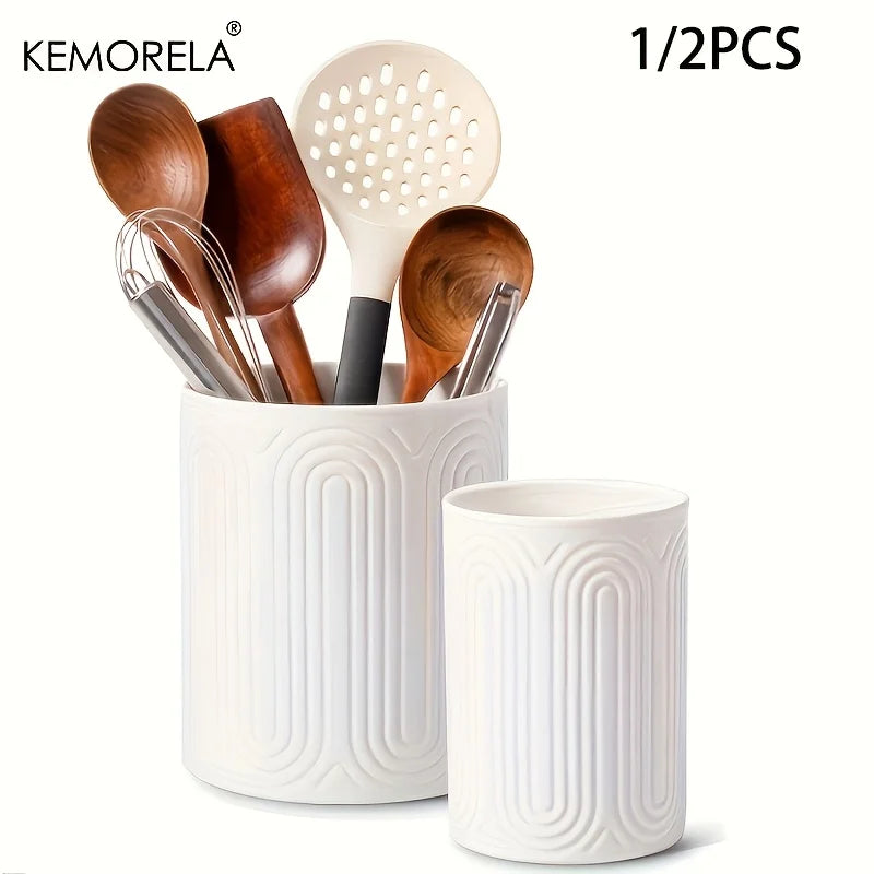 KEMORELA White Ceramic Utensil Holder | Kitchen Countertop Organizer Utensil Holder Axl