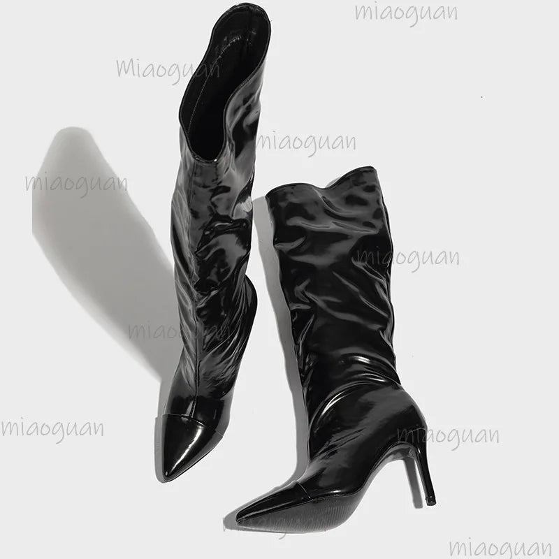 Women's Patent Leather Knee-High Stiletto Boots – Pointed Toe Knee-High Boots Axl