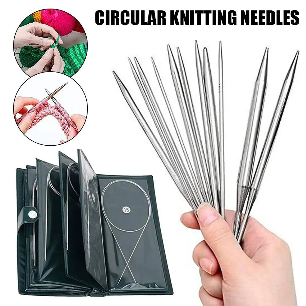 11-Pc Stainless Steel Circular Knitting Needles Set with Bag Circular Knitting Needles Axl