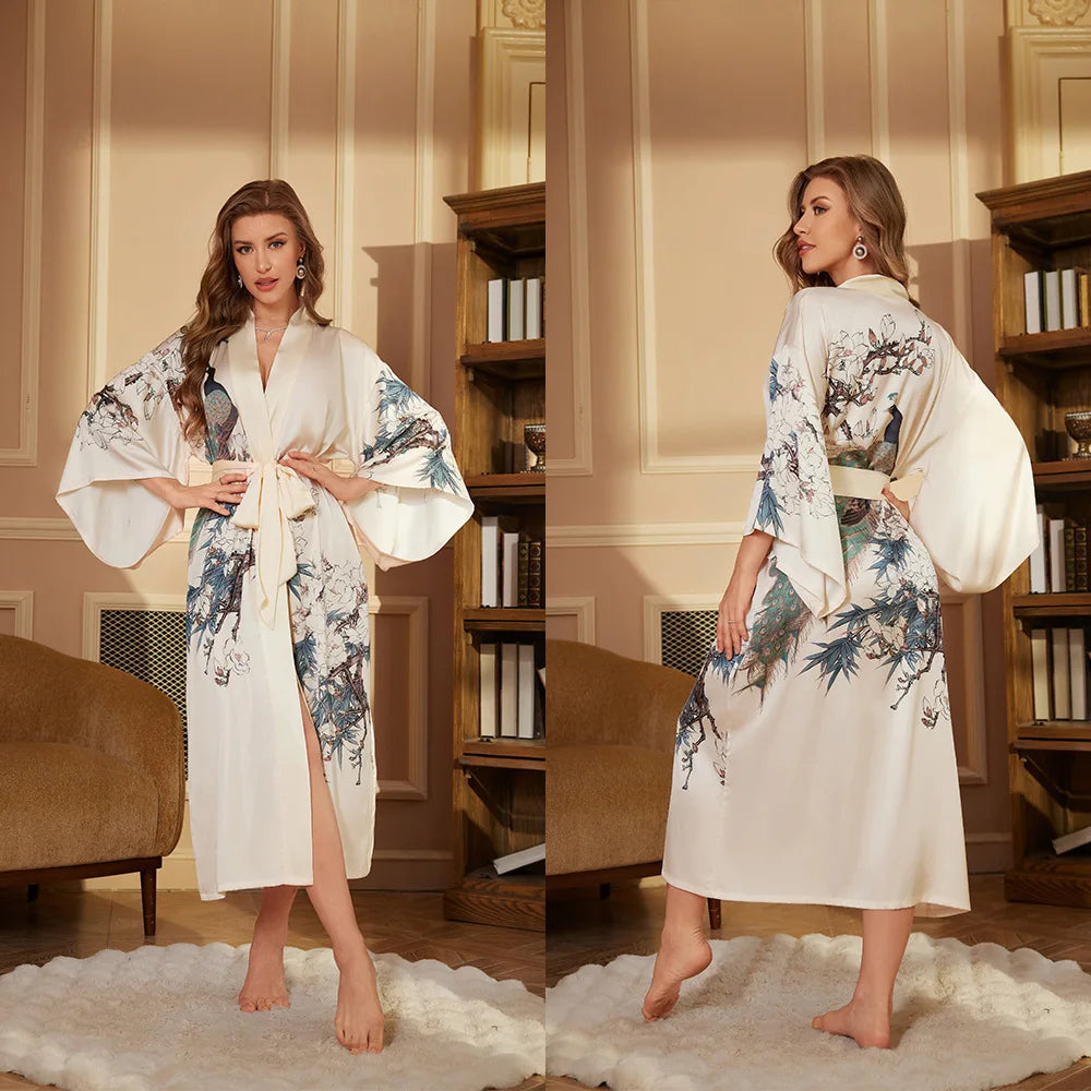 Women's Satin Floral Robe – Long Sleeve Lace-Up Bathrobe Satin Bathrobe Axl 3383-3 One Size