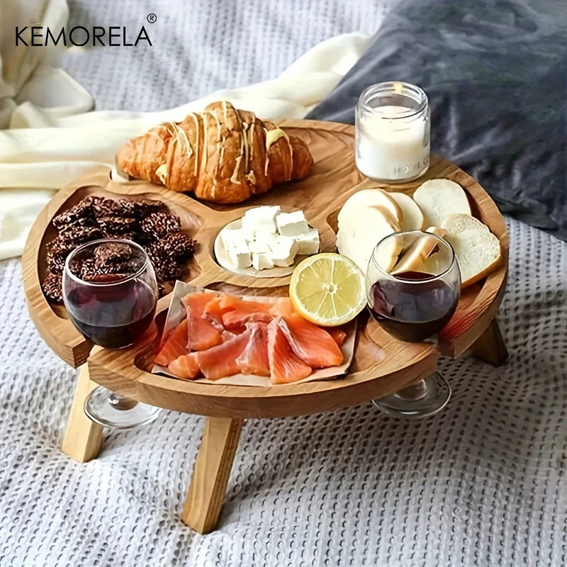 KEMORELA Wooden Folding Picnic Table – Portable Snack & Wine Tray Folding Tray Table Axl