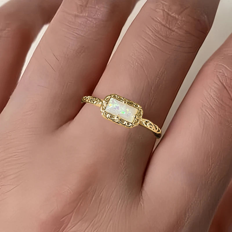 Huitan Vintage Imitation Opal Rectangular Ring for Women Fashion Ring Axl