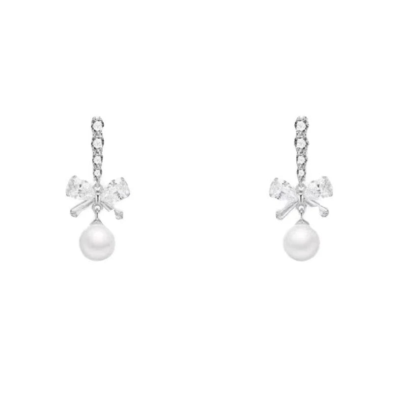 Bow Pearl Dangle Stud Earrings – Sweet Fashion Jewelry Women Pearl Stud Earrings Axl onesize