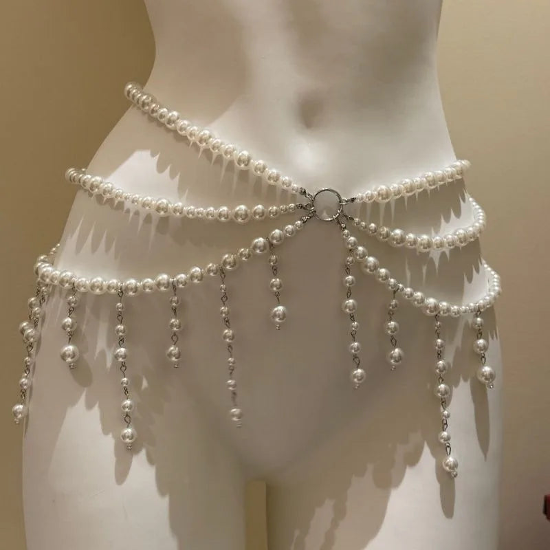 Multilayer Pearl Waist Chain Belt – Y2K Retro Women's Fashion Fashion Waist Belt Axl