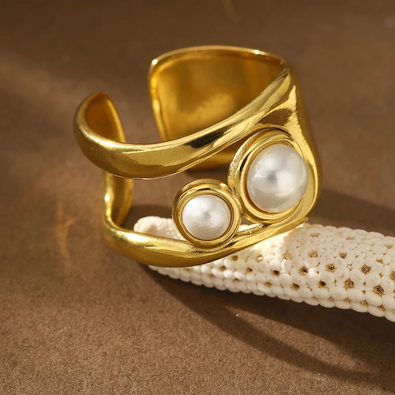 Huitan Gold Double Layer Imitation Pearl Statement Ring for Women Fashion Statement Ring Axl
