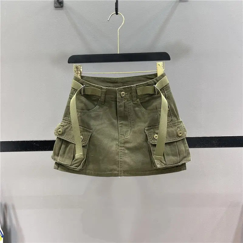 Women's Denim Mini Cargo Skirt – A-Line Zipper Fly Jean Skirt Denim Mini Skirt Axl Army green M
