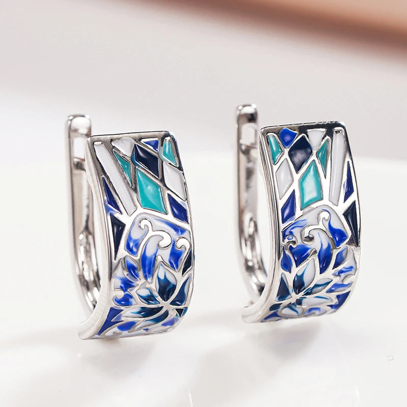 Huitan Blue Flower Hoop Earrings – Dainty Women's Jewelry Fashion Hoop Earrings Axl E4548