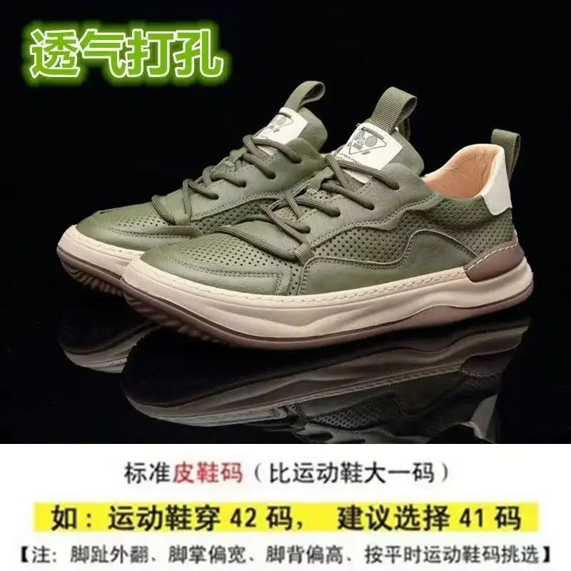 YBQJOO Men's Hollow-Out Leather Sneakers | Lace-Up Casual Shoes Men's Leather Sneakers Axl Green cutout 42