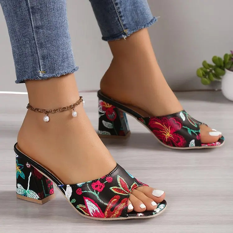 Women's Chunky Heel Roman Sandals – Open Toe Slip-On Pumps Heeled Sandals Axl Black 43