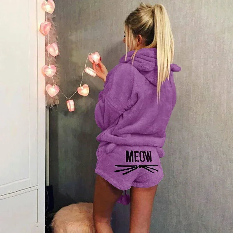 Women's Coral Velvet Hoodie Pajama Set – Cute Cat Print Pajama Set Axl