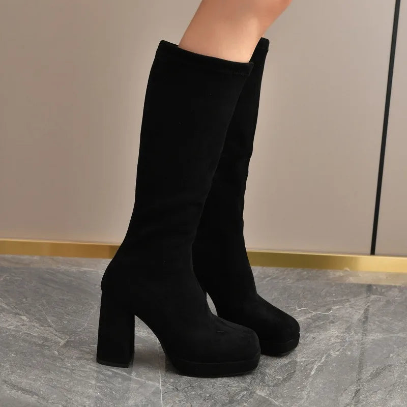 Women's Knee-High Slip-On Boots | Square Heel Round Toe Knee-High Boots Axl