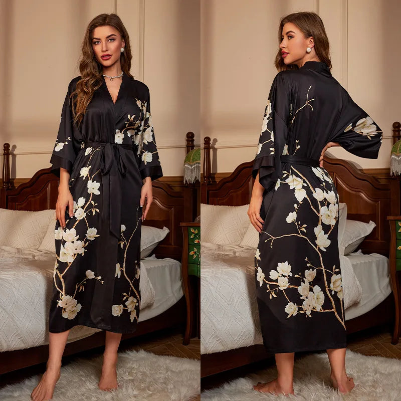 Women's Floral Satin Kimono Robe – Lace-Up Silk Bathrobe Satin Kimono Robe Axl 03 One Size