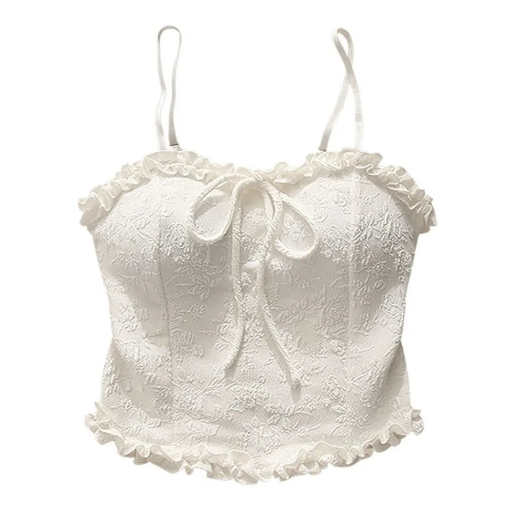 Women's Ruffle Bowknot Lace Crop Camisole Top | Slim Fit Summer Lace Crop Camisole Axl White One Size