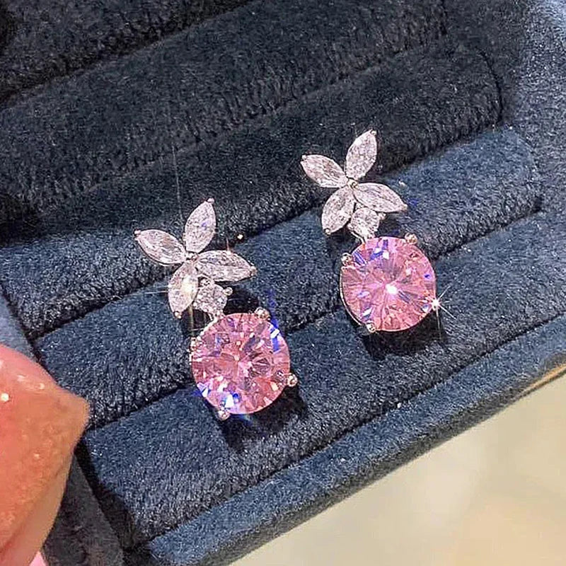 Huitan Pink Cubic Zirconia Drop Earrings | Dainty Women's Jewelry Drop Earrings Axl