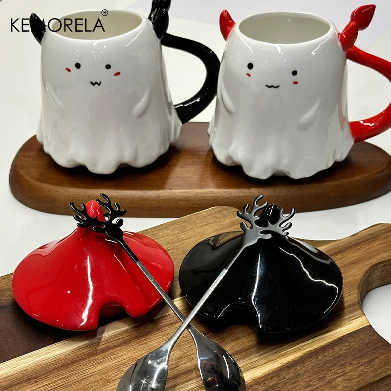 KEMORELA Halloween Ceramic Mug with Lid & Spoon 470ml Ceramic Coffee Mug Axl
