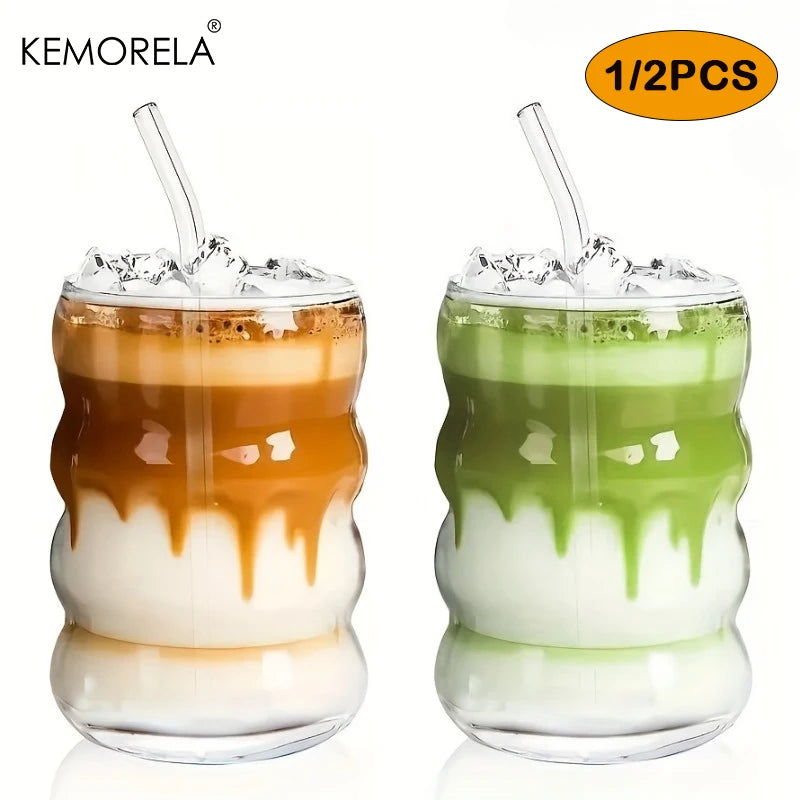 KEMORELA 380ml Ripple Vintage Glass Cups with Straws | Borosilicate Glass Drinkware Set Axl