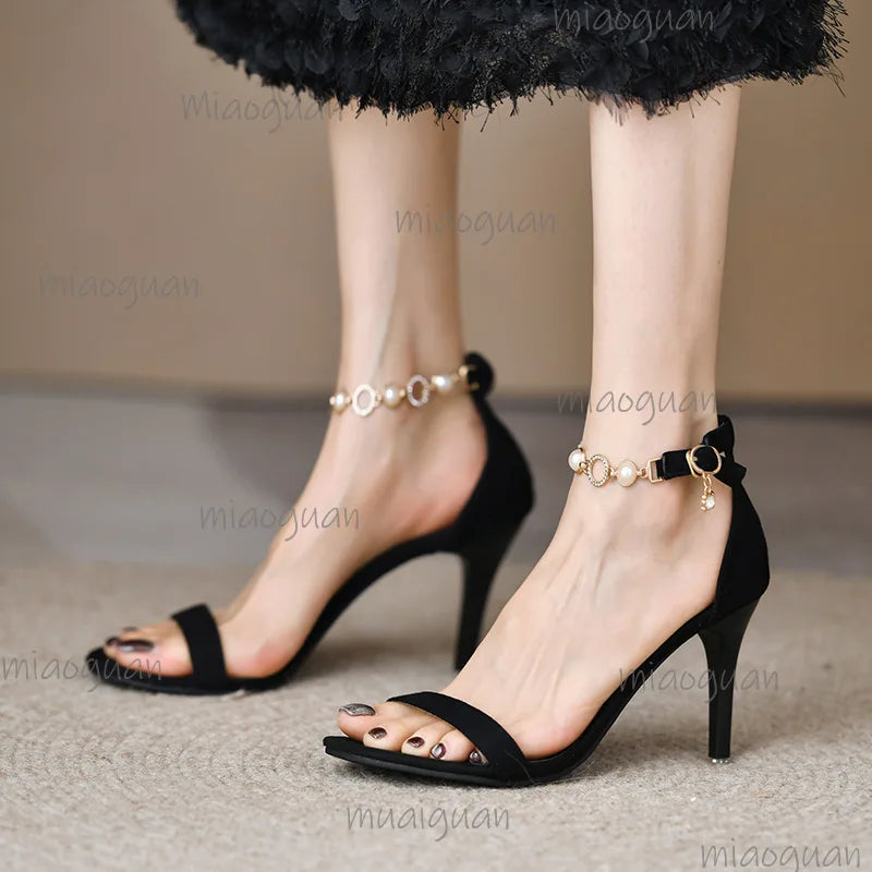 Women's Pearl Ankle Strap Stiletto Sandals – Party High Heels Stiletto Heel Sandals Axl Black 39