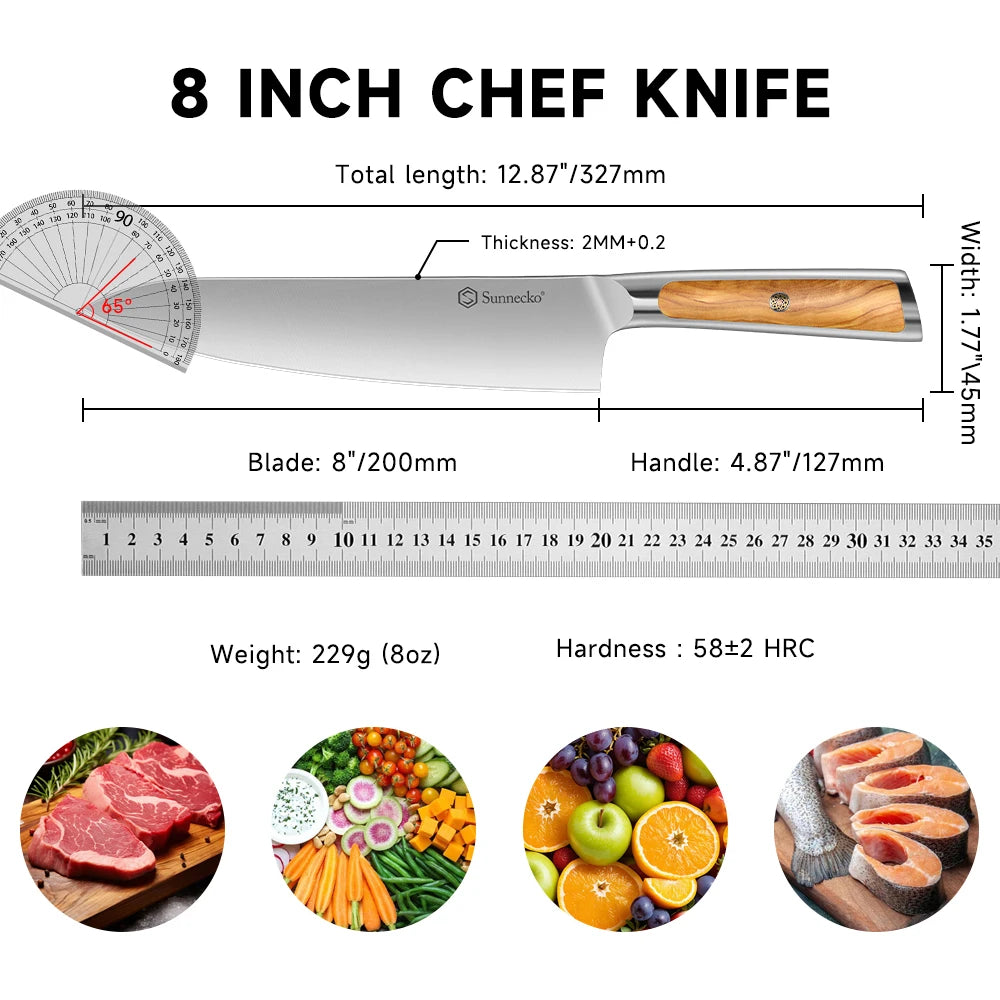 Sunnecko Chef's Knife – Stainless Steel & Olive Wood Handle Chef's Kitchen Knife Axl
