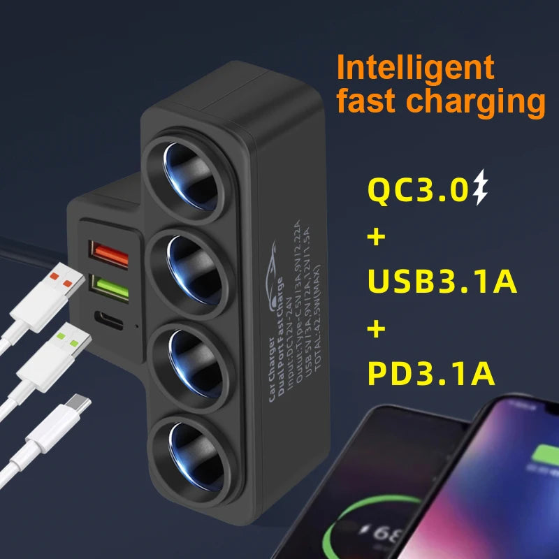 120W 4-Port USB-C Car Charger – Fast Charge iPhone & Android Car USB Charger Axl