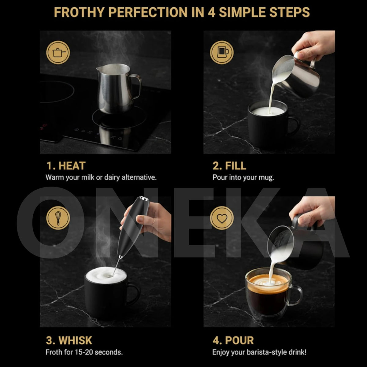 ONEKA Handheld Milk Frother Wand with Stand | Battery Powered Milk Frother Wand Axl