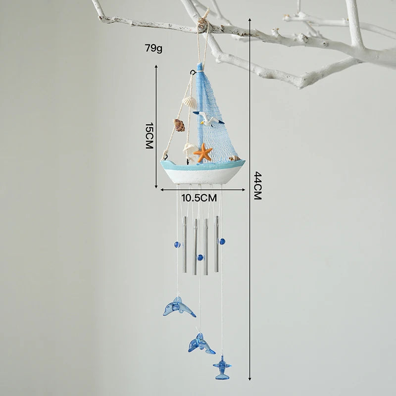Mediterranean Wooden Sailboat Wind Chime | Nautical Hanging Decor Wind Chime Ornament Axl A2