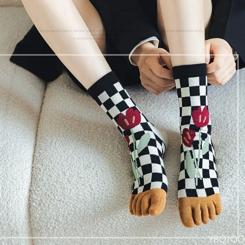 Women's Five Toe Mid Tube Cotton Socks – 3 Pairs, All Season Women's Toe Socks Axl