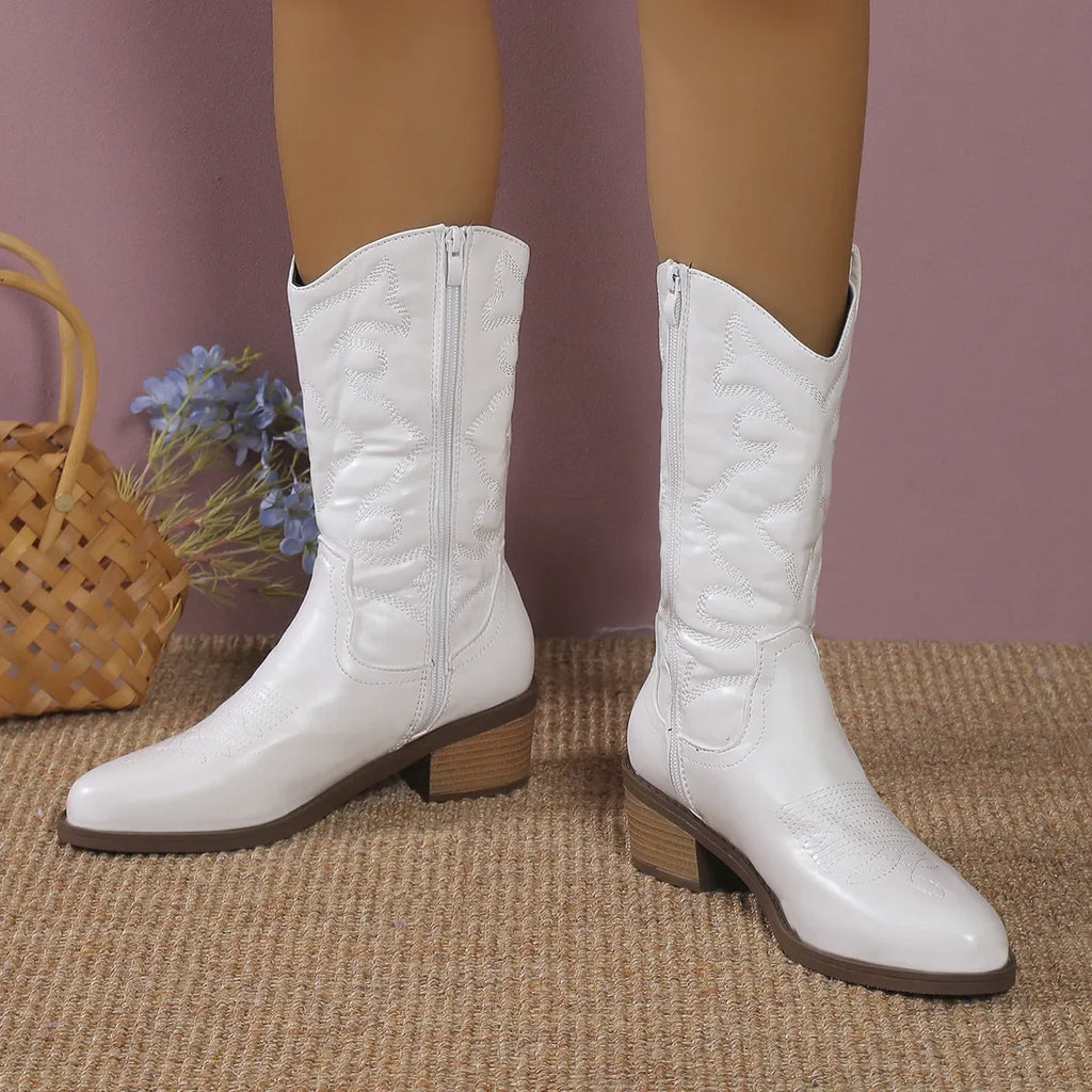 Women's Mid-Calf Western Cowboy Boots Pointed Toe Side Zip Women's Cowboy Boots Axl
