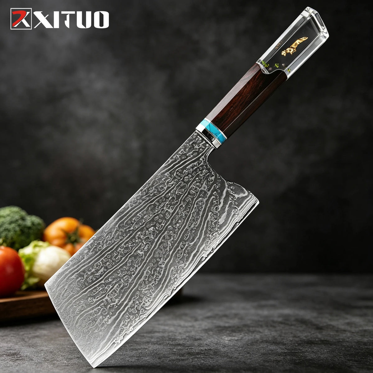 XITUO 8-Pc Damascus Steel Chef Knife Set | Resin Handle Chef Knife Set Axl Cleaver