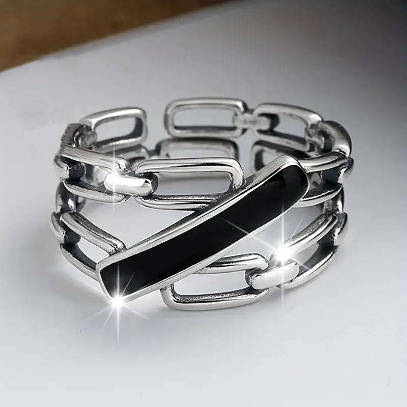 Huitan Black Enamel Chain Link Ring | Vintage Geometric Women Fashion Ring Axl