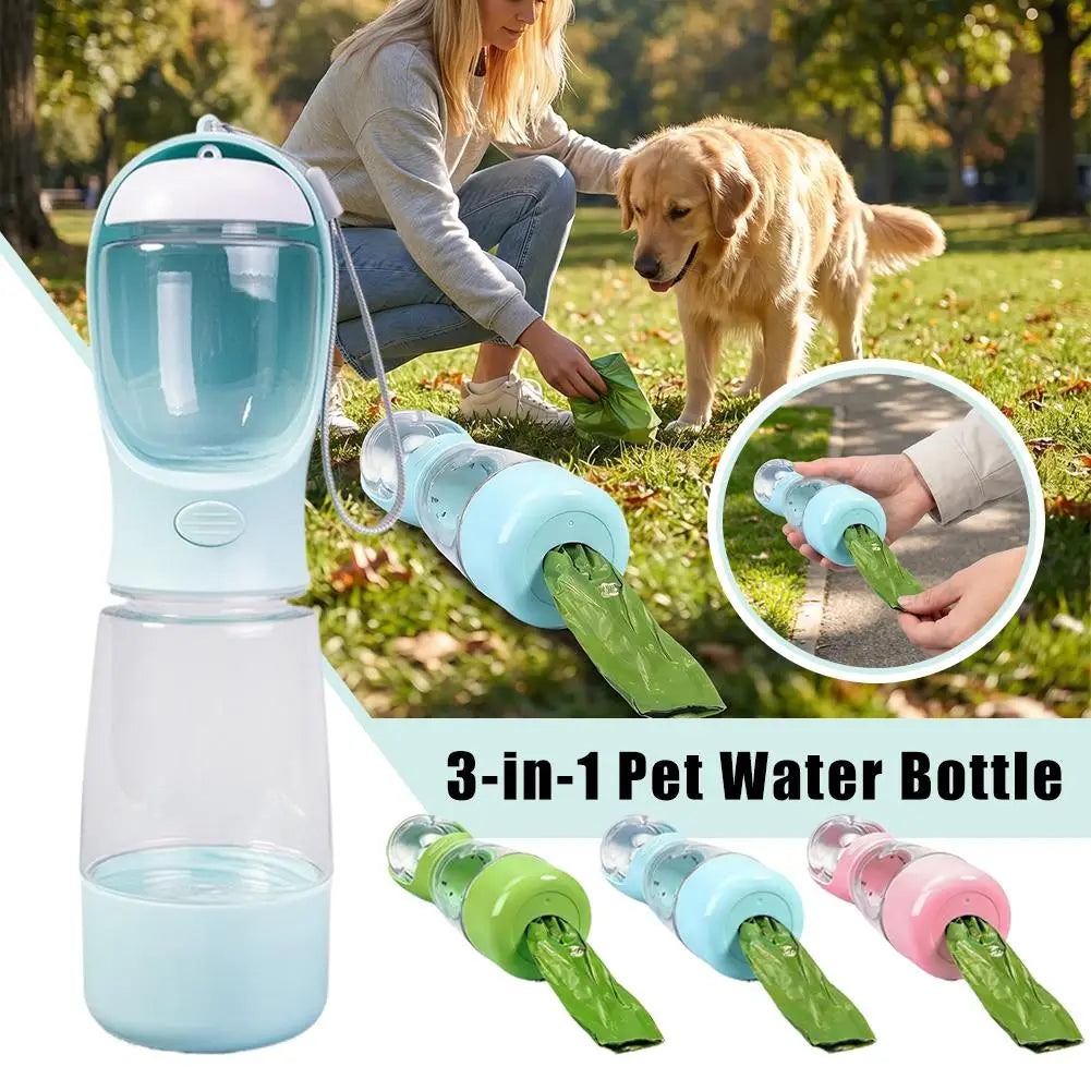 3-in-1 Portable Dog Water Bottle with Food & Waste Bag Holder Pet Travel Bottle Axl