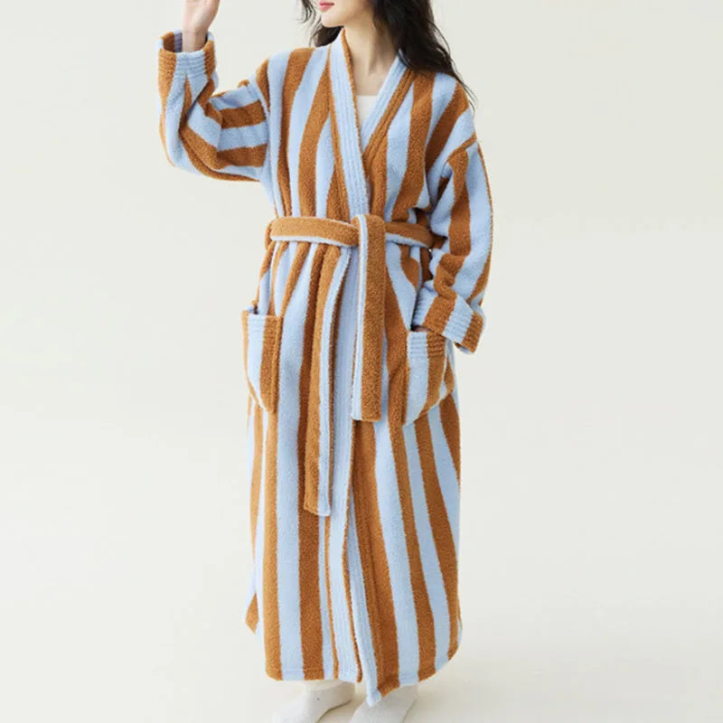 Women's Striped Velvet Bathrobe – Thick Flannel Lace-Up Robe Women's Bathrobe Axl
